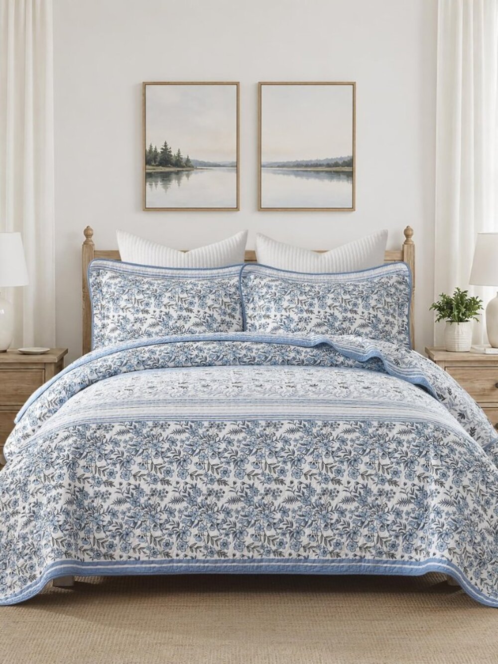 100% Cotton Cottage Botanical Quilt Set, Blue White, Queen Size 90"x98"
